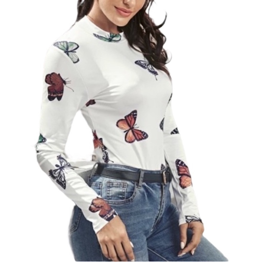 SHEIN MOCK TURTLENECK BUTTERFLY PRINT LONG SLEEVE TOP